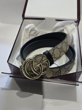 Gucci Beige GG Supreme Leather Double G Buckle Belt